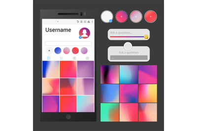Vector social media interface. Post backgrounds, slider, question area