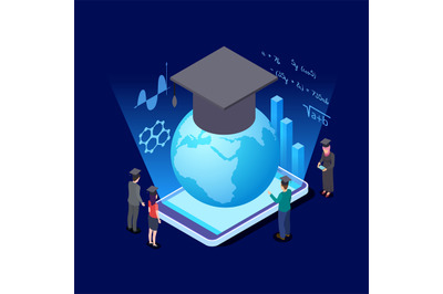 Worldwide education isometric concept. International students and educ