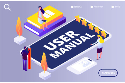 User manual concept. People with guide instruction on smartphone app v