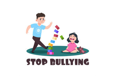 Angry kids. Bad boy and crying little girl. Stop bullying vector illus