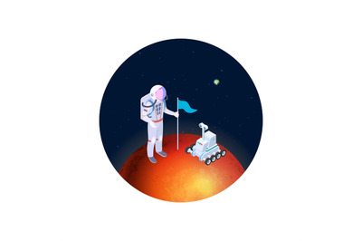 Astronaut and rover on mars vector illustration. Isometric astronaut i