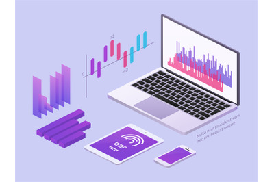 Business app isometric concept. Vector 3d laptop and smartphone with d