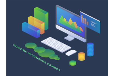 Business infographics isometric concept. Vector 3d PC with data charts