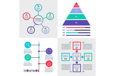 Infographic dashboard. Information banners with finance graphs, pyrami