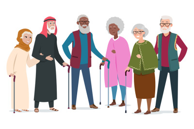 International happy old people. Elderly afroamericans, muslims and cau