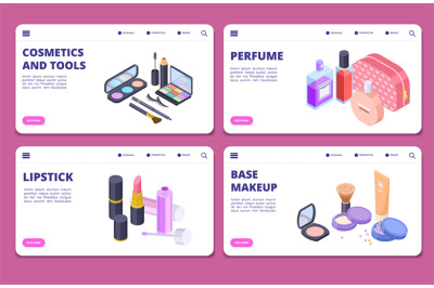 Isometric cosmetics banners vector template. Landing pages for cosmeti