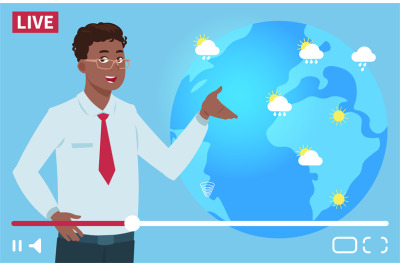 Man anchorman wheather channel vector illustration. Worldwide weather