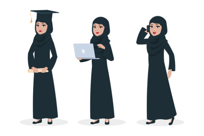 Modern arab woman vector character. Muslim woman graduate and business