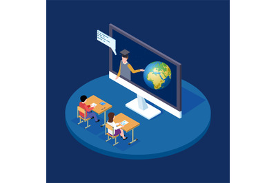 Online astronomy lesson isometric vector concept. Remote teacher tells