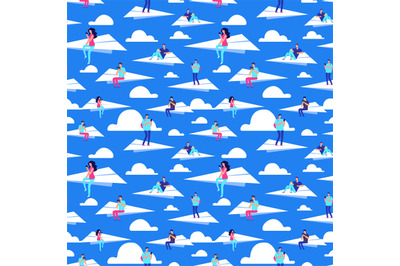 People flying on paper planes vector seamless pattern