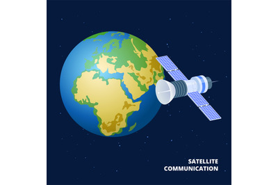 Satellite communication isometric vector illustration. Spaceship and e