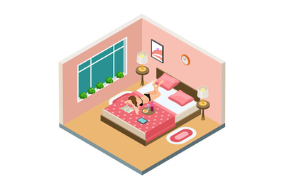 Sexy girl reading book, drinking wine in bedroom on bed isometric vect