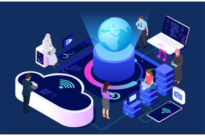 Social network and cloud service vector concept. Isometric connecting