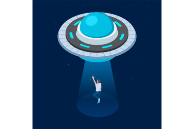 Vector aliens abduct man. UFO flying spaceship isometric design. UFO k