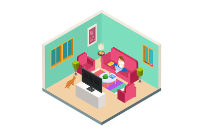 Vector freelance, remote work isometric concept. Woman work from home