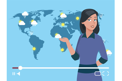 Woman anchorman weather channel vector illustration. Worldwide weather