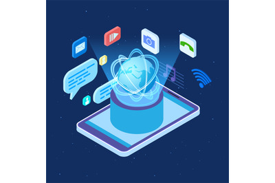 Worldwide social network vector isometric concept. Global social netwo