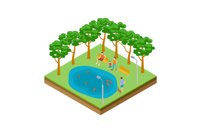 Isometric pond with ducks in the city park vector illustration