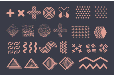 Memphis graphic vector elements. Funky geometric shapes and halftones