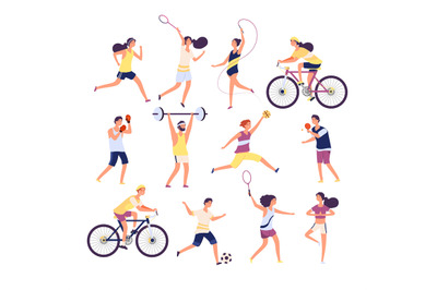 Sports people set. Exercising persons gymnast&2C; runner and tennis playe