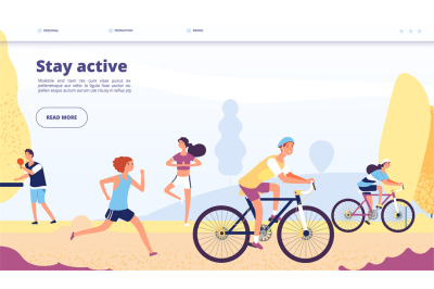 Active lifestyle landing. People cycling, fitness exercises. Persons r