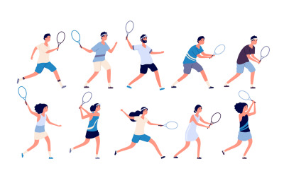 Tennis players. Man and woman holding racket and hitting ball playing