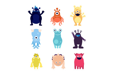 Cute monsters. Funny monster aliens mascots. Crazy hungry halloween to