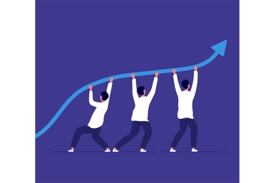 Business growth. People pointing up trend line. Team challenge and cor