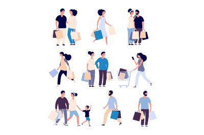 Shopping people set. Man and woman with shopping card buying product i