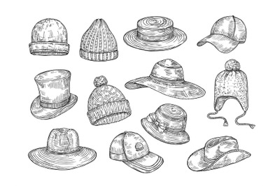 Sketch hats. Knitted winter and summer hats, hand drawn warm cap, dood