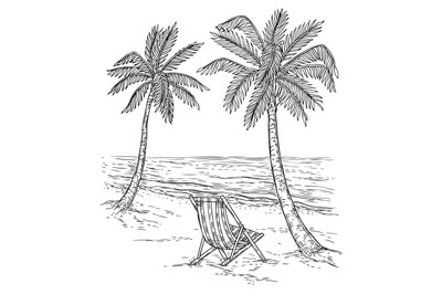 Sketch palm tree landscape. Tropical palm beach, exotic trees and sea