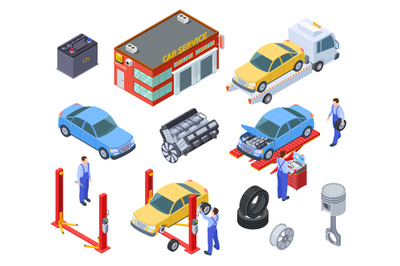 Car service isometric. People repair cars with auto industrial equipme