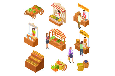 Farmers market isometric. People sell and buy traditional meal, vegeta