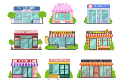 Flat shops set. Barber shop, bookstore and pharmacy. Bakery and pizza