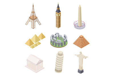 Isometric landmark. Famous building travel landmarks pyramids leaning