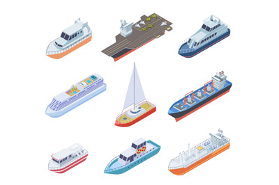 Isometric ships. Vessels shipping nautical boats barge commercial ship