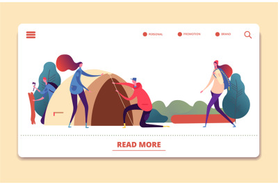 Autumn camping vector landing page. People relaxing in autumn forest w