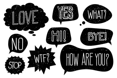 Grunge speech bubbles with hand drawn text vector set