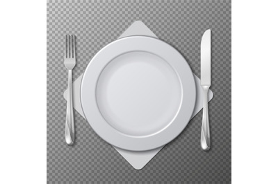 Realistic plate, cutlery vector. Table setting with white plate, fork