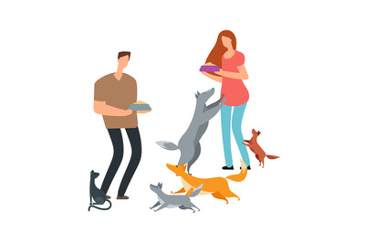 Volunteers and homeless dogs and cat vector illustration