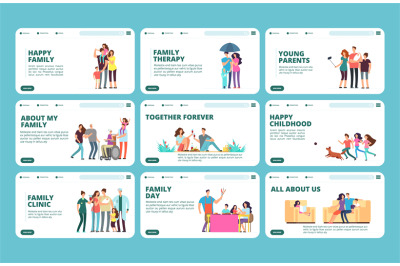Family landing pages. Happy family, childhood, parenthood, grandparent