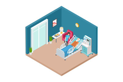 Hospital ward&2C; resuscitation interior vector. Isometric nurse caring f