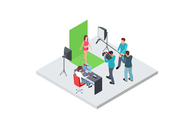 Isometric filming or blogging vector concept. Female model on chromake