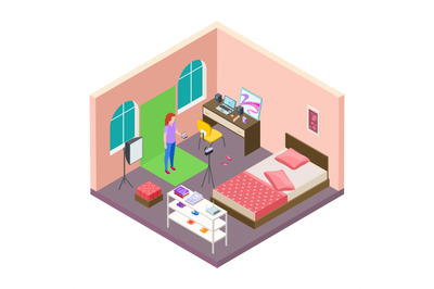 Isometric home blogging vector. Teenager teenager makes video about co