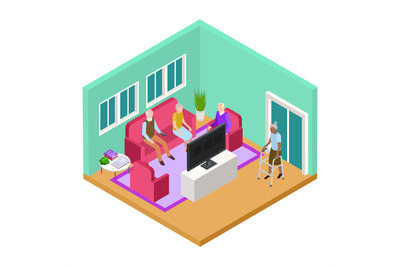 Isometric nursing home living room interior with old people vector con