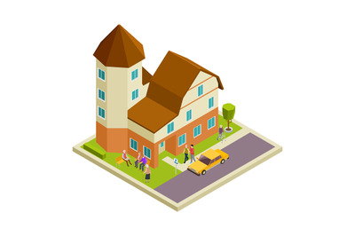 Isometric nursing house vector. Elderly people walking and speaking co