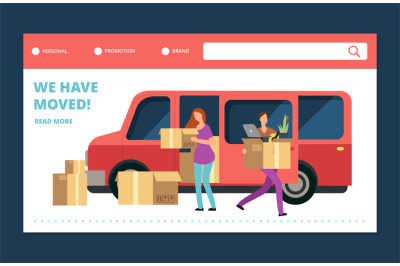 Moving house vector web banner. We have moved landing page template