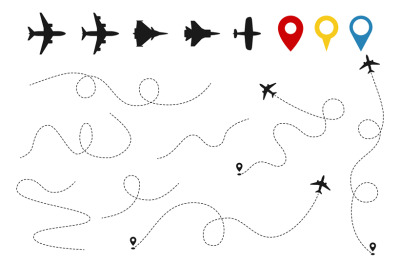 Plane paths vector. Aircraft tracking&2C; planes silhouettes&2C; location pi