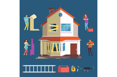 Repair and renovation house vector concept. People with tools characte