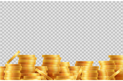 Stacks of coins vector. Lot golden coins isolated on transparent backg